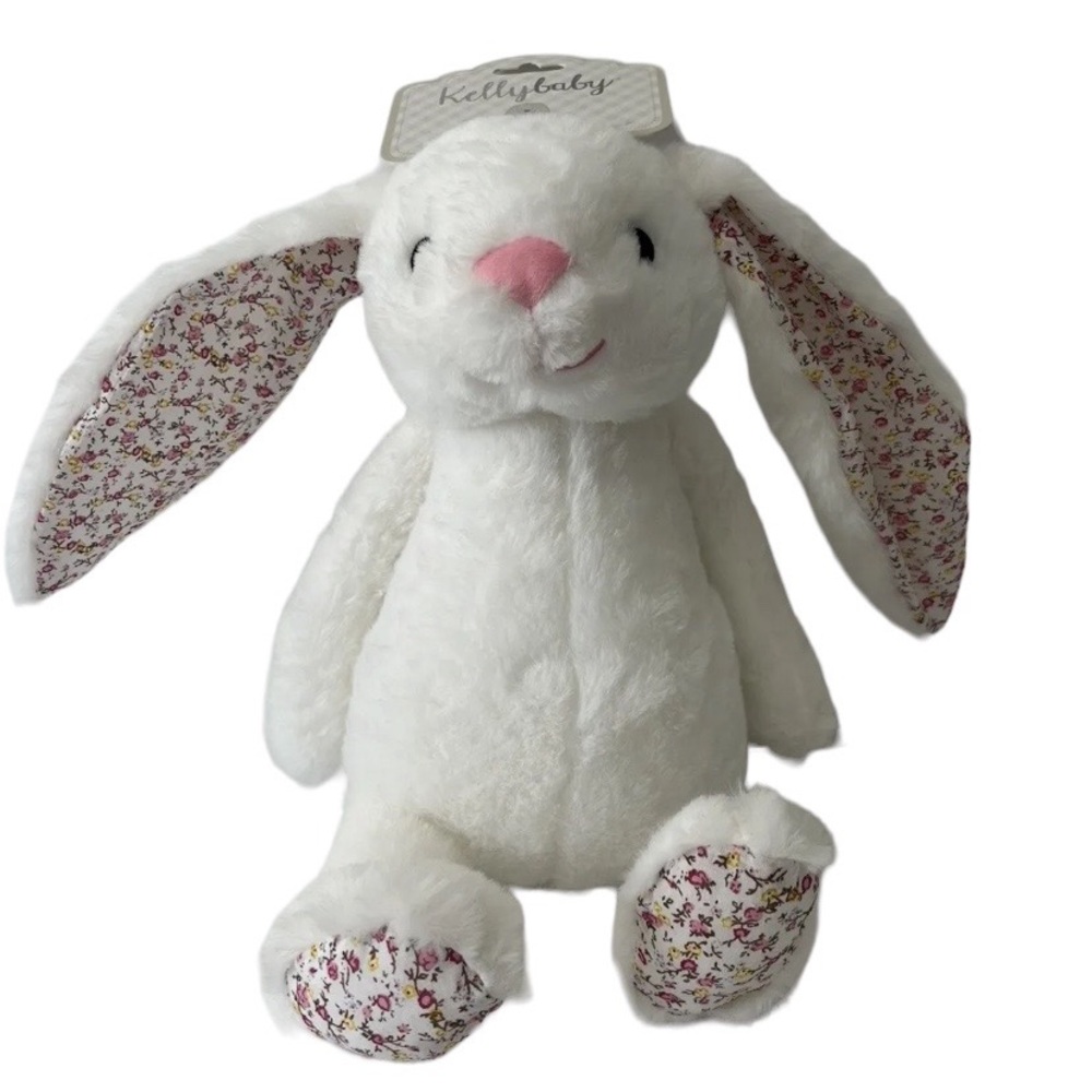 NWT KELLYBABY Large 14" White Rabbit Rattle Plush with Crinkle Ears Pink Floral